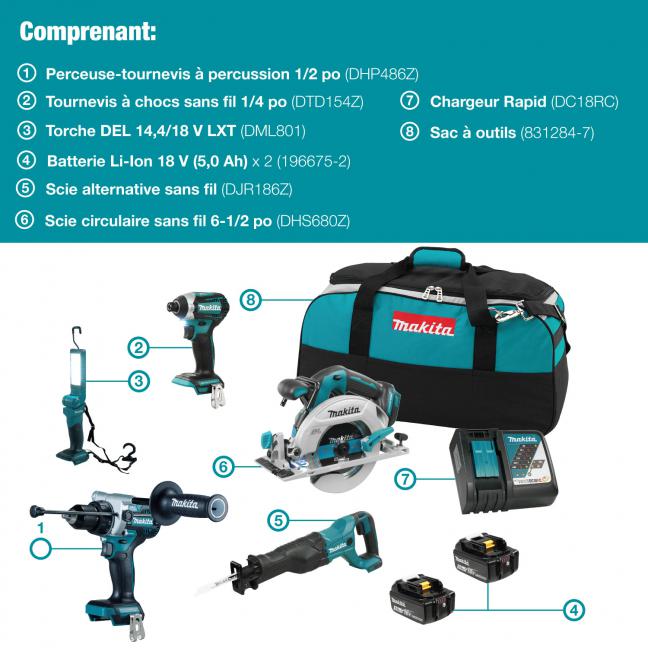 Makita cordless 5-piece brushless tool set with drill, impact driver, reciprocating saw, circular saw, batteries, charger, torch, and carrying bag