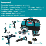 Makita cordless 5-piece brushless tool set with drill, impact driver, reciprocating saw, circular saw, batteries, charger, torch, and carrying bag