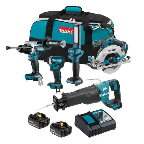 Makita 5-piece cordless brushless tool set with drill, saw, impact drivers, batteries, charger, and carrying bag