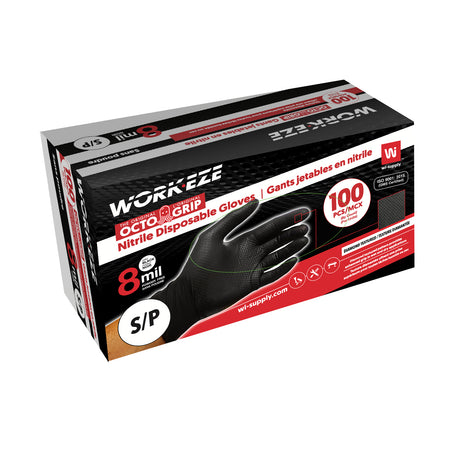 Box of 100 black textured nitrile disposable gloves 8 mil thickness size small/medium for chemical resistance and durability