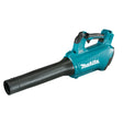 Cordless Makita 18V blower with variable speed control trigger and ergonomic handle for efficient debris removal