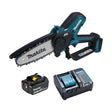 Cordless 6-inch Makita pruning saw with tool-free chain tension adjustment, protective cover, battery, and charger included