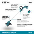 18V cordless Makita DUR193Z string trimmer with adjustable telescopic shaft and 180° pivoting cutting head