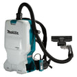 36V Makita backpack vacuum with HEPA filter, flexible hose, ergonomic straps, and extended battery life for continuous use