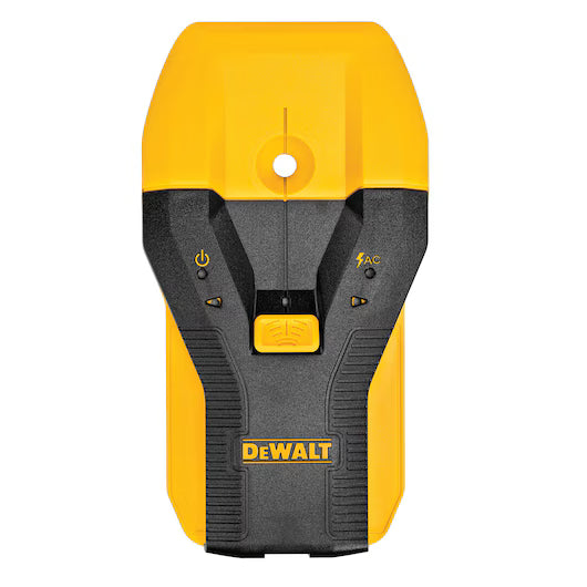 Yellow and black DEWALT DW150 stud detector with center locating technology and AC live wire detection indicators