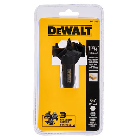 DeWalt 1 3/4 inch self-feed drill bit with 7/16 inch round shank and aggressive tip for fast wood boring