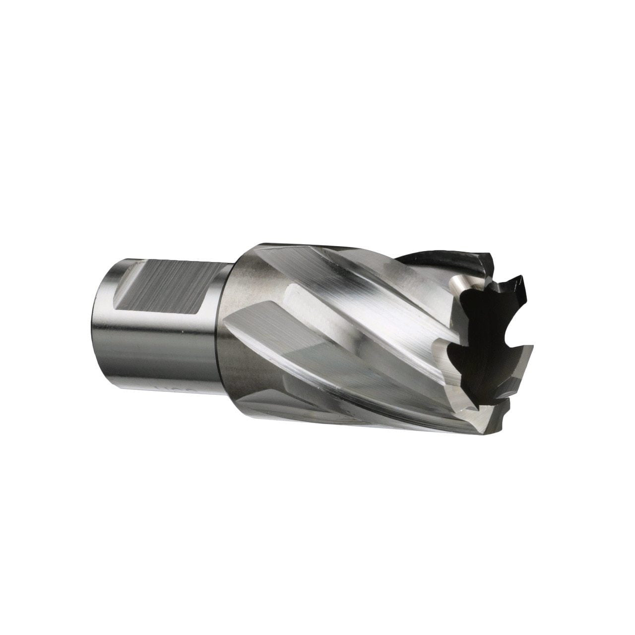 1/2-inch by 2-1/8-inch carbide annular cutter with polished finish and multi-flute cutting edges for metal drilling tasks