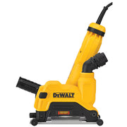 DeWalt 4 1/2 inch grinder with electronic clutch and 5 inch dust extractor attachment in yellow and black design