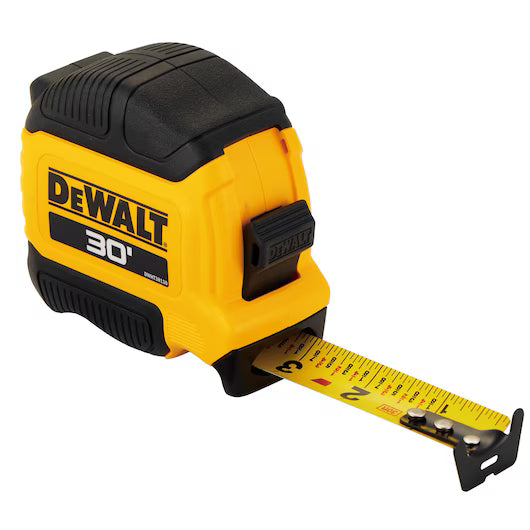 30-foot compact tape measure with durable yellow and black casing, lock button, and clear imperial markings