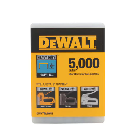 5000-piece box of 1/4 inch heavy-duty staples compatible with Dewalt, Stanley, and Arrow staplers in reusable plastic case