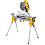 Compact DeWalt miter saw stand with universal compatibility, lightweight aluminum frame, and foldable transport design