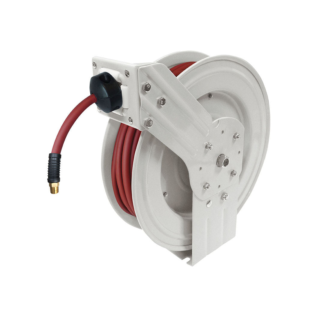 Retractable hose reel with 3/8" inner diameter FLEXhybrid technopolymer hose, 50 ft length, brass fitting, white frame