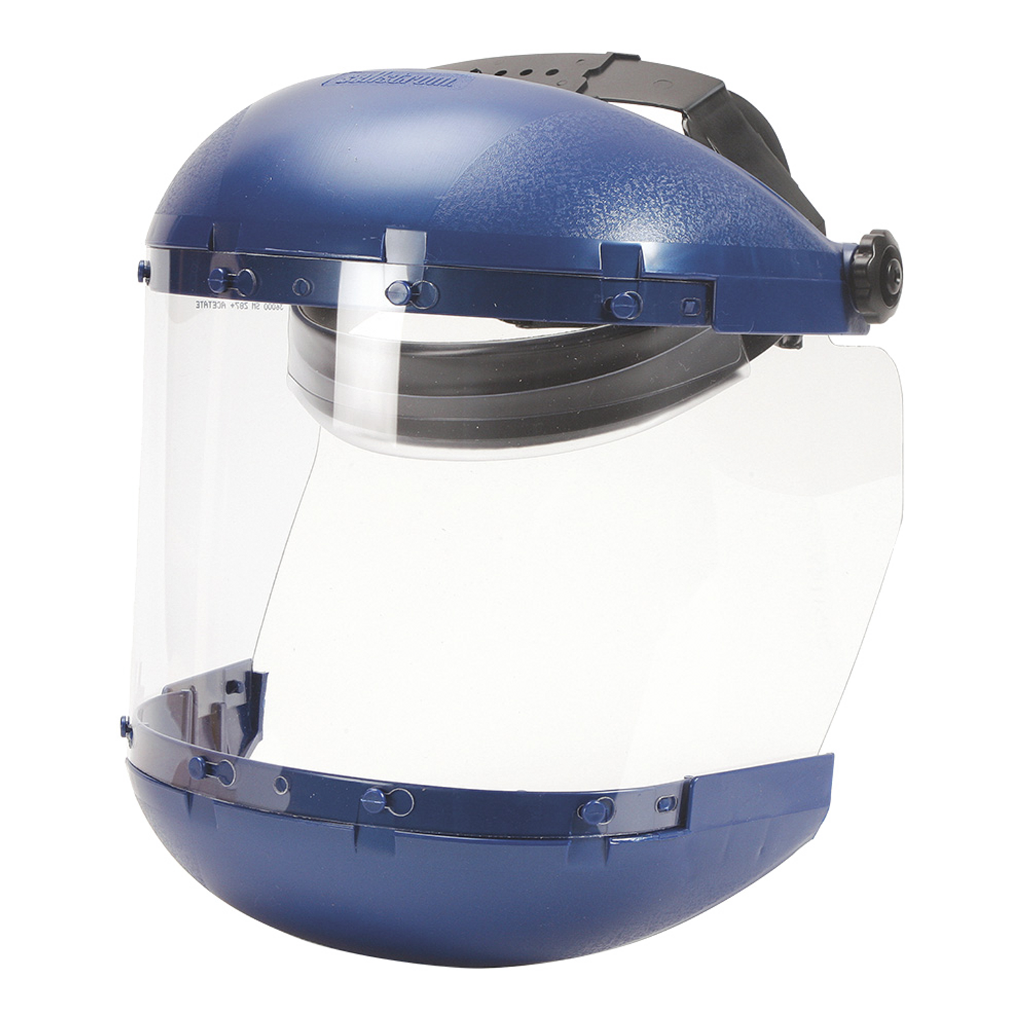 Adjustable premium double crown face shield with blue headgear, clear acetate visor, and replaceable lens option