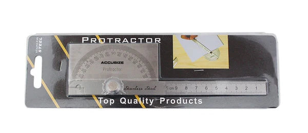 Accusize stainless steel protractor with 0-180 degree measurement range and locking nut for precise angle adjustments