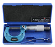 0-1 inch micrometer with carbide tip, ratchet stop, locking lever, and blue protective storage case