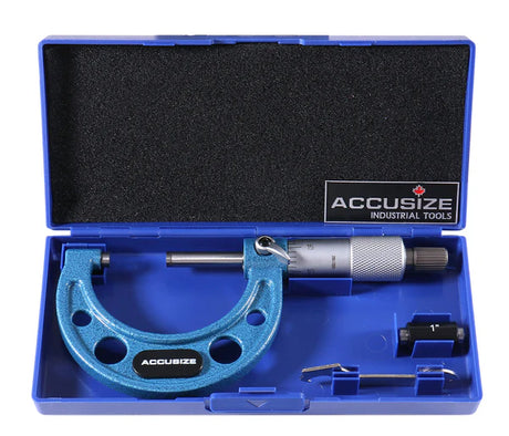 2-inch Accusize micrometer with carbide tip, ratchet stop, locking lever, and blue protective plastic case