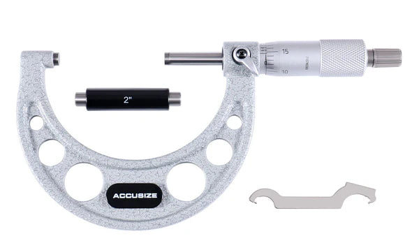 2-inch external micrometer with carbide tip, ratchet stop, locking lever, and adjustable calibration standard
