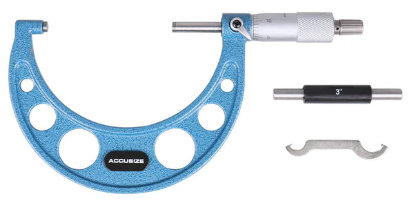 3-inch external micrometer with carbide tip, ratchet stop, locking lever, calibration standard and spanner wrench