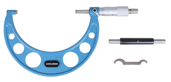 4-5 inch external micrometer with carbide tip, ratchet stop, locking lever, and adjustment wrench accessory