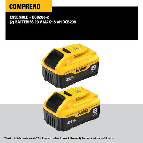 Set of two DeWalt 20V MAX 8Ah lithium-ion batteries with yellow housing and black base for cordless tools.