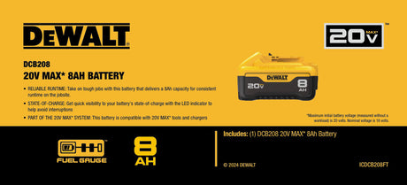 DeWalt 20V MAX XR 8Ah battery pack with fuel gauge, state-of-charge LED, compatible with 20V tools and chargers