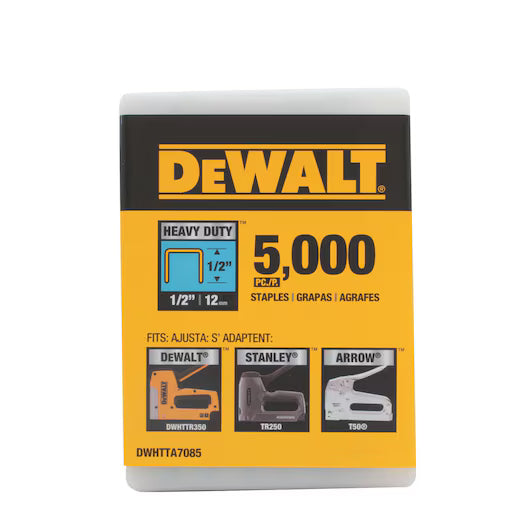 DeWalt heavy-duty 1/2 inch 5000-pack staples compatible with Stanley, Bostitch, and Arrow staplers in reusable plastic box