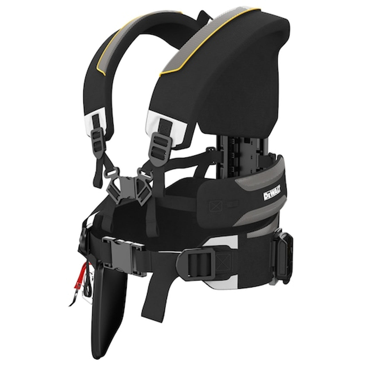 Heavy-duty DeWalt EXO Pro Series safety harness with padded hip belt, back support, and adjustable straps for comfort and mobility