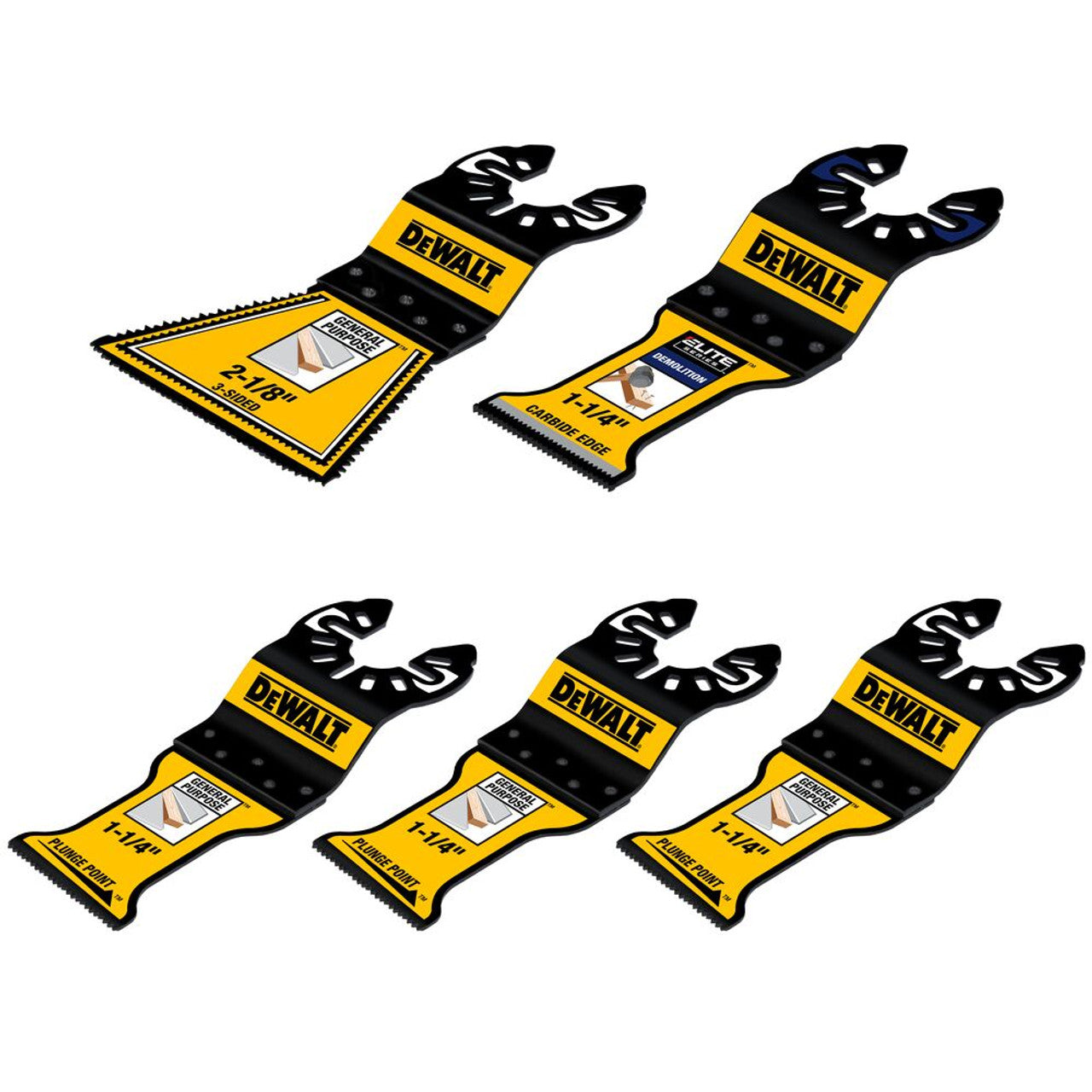 Set of 5 DeWalt oscillating tool blades with plunge tip, varying widths for cutting and renovation tasks
