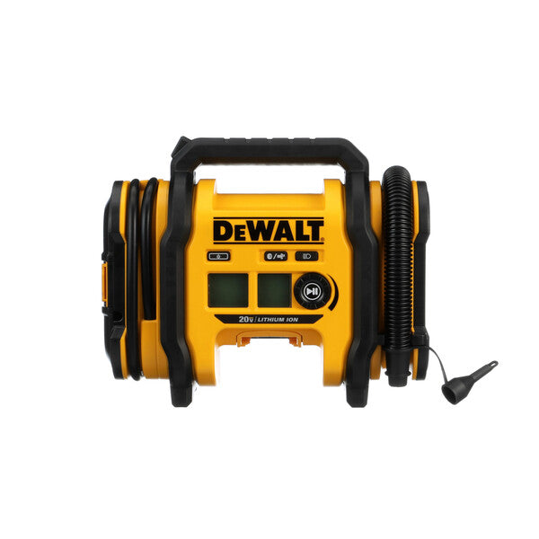 Compact cordless Dewalt 20V MAX inflator with digital pressure display, flexible hose, and ergonomic handle design