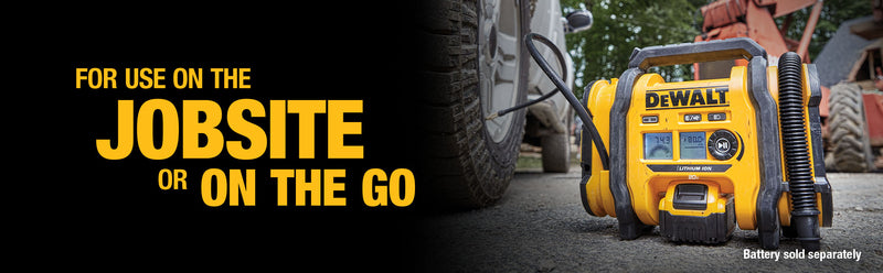 Portable Dewalt 20V MAX cordless air inflator with digital gauge, compact design for jobsite and on-the-go use