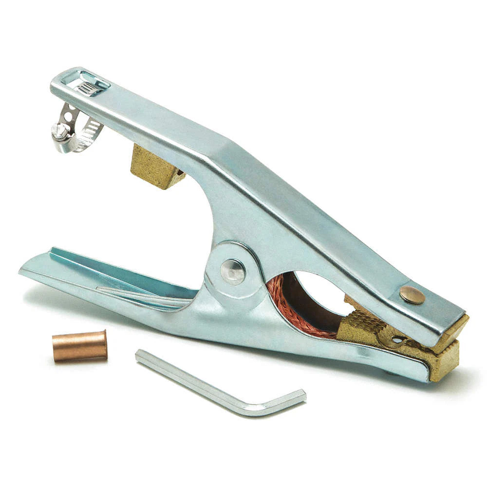 Nickel-plated 500 amp ground clamp with forged brass conductors, copper braid, and strong spring for jaw resistance