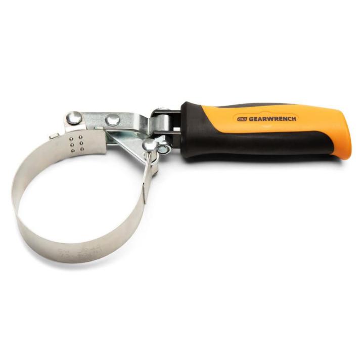 Gearwrench adjustable oil filter wrench with ergonomic yellow black handle and durable steel band clamp