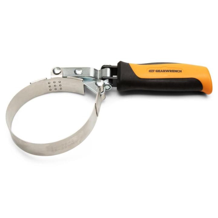Large filter wrench with adjustable stainless steel band and ergonomic black and orange soft grip handle by Gearwrench
