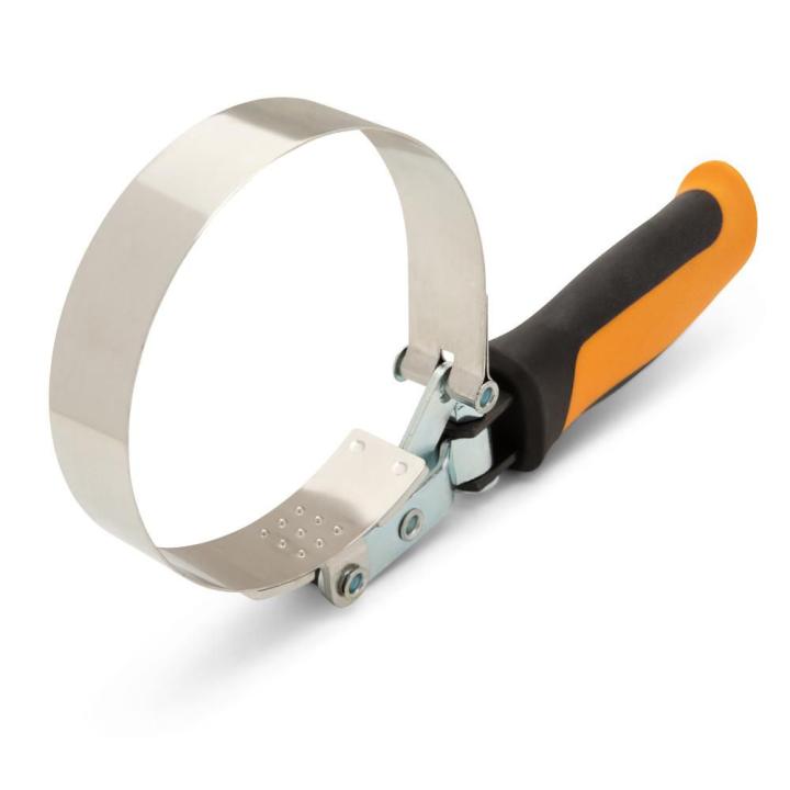3.78 to 4.37 inch oil filter wrench with stainless steel band and ergonomic black and orange handle for automotive use