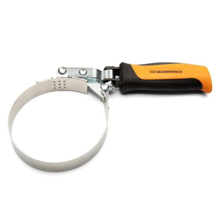 Gearwrench oil filter wrench with ergonomic black and yellow handle and adjustable steel band for 3.78 to 4.37 inch filters