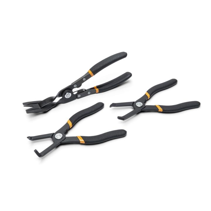 Set of three Gearwrench black clip pliers with ergonomic handles for automotive body panel fasteners removal