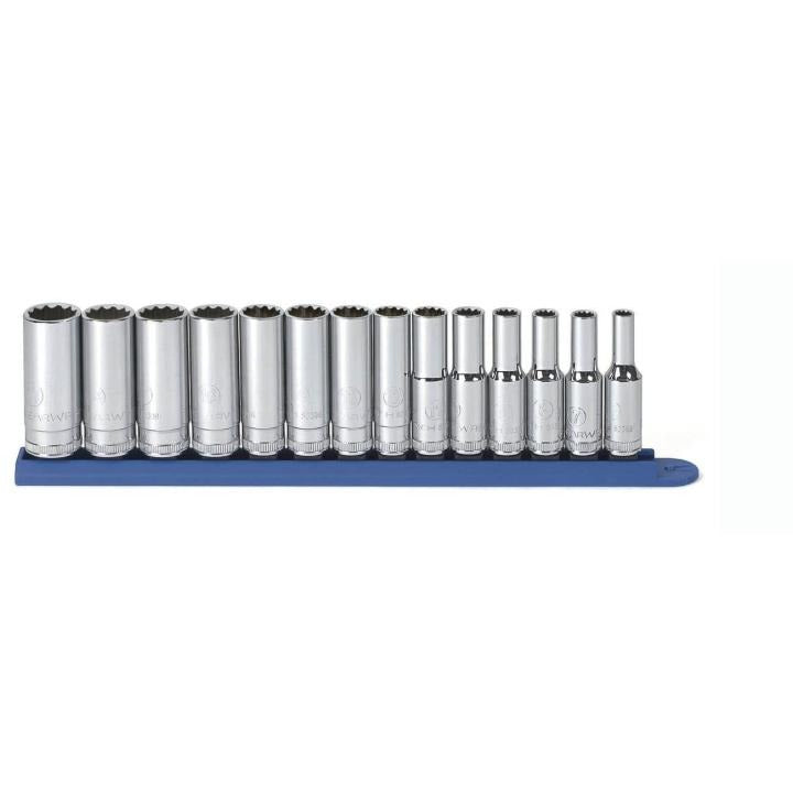 14-piece metric 3/8 inch drive socket set with alloy steel construction and organized blue rail holder