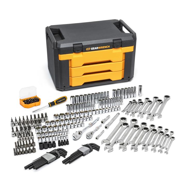 232-piece SAE and metric socket and wrench set with ratchets, hex keys, bit driver, and durable black and yellow storage case