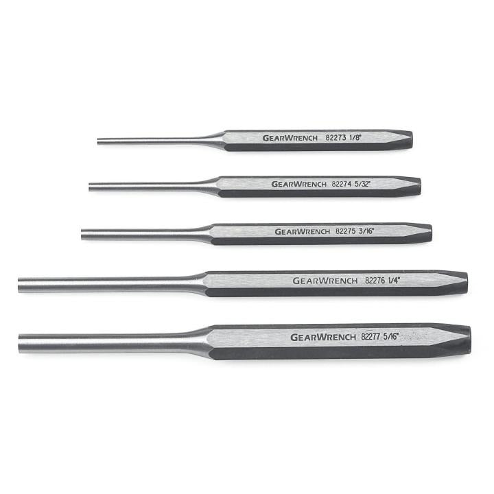 Set of five Gearwrench pin punches with varying sizes, designed for extracting pins and rivets during disassembly tasks