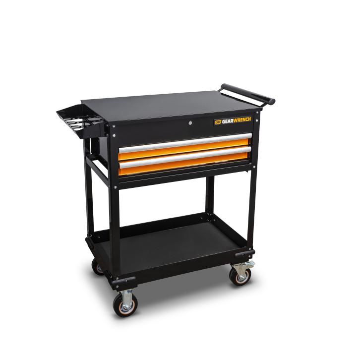 32-inch GEARWRENCH utility cart with two drawers, black epoxy finish, handle, and four swivel casters for mobility