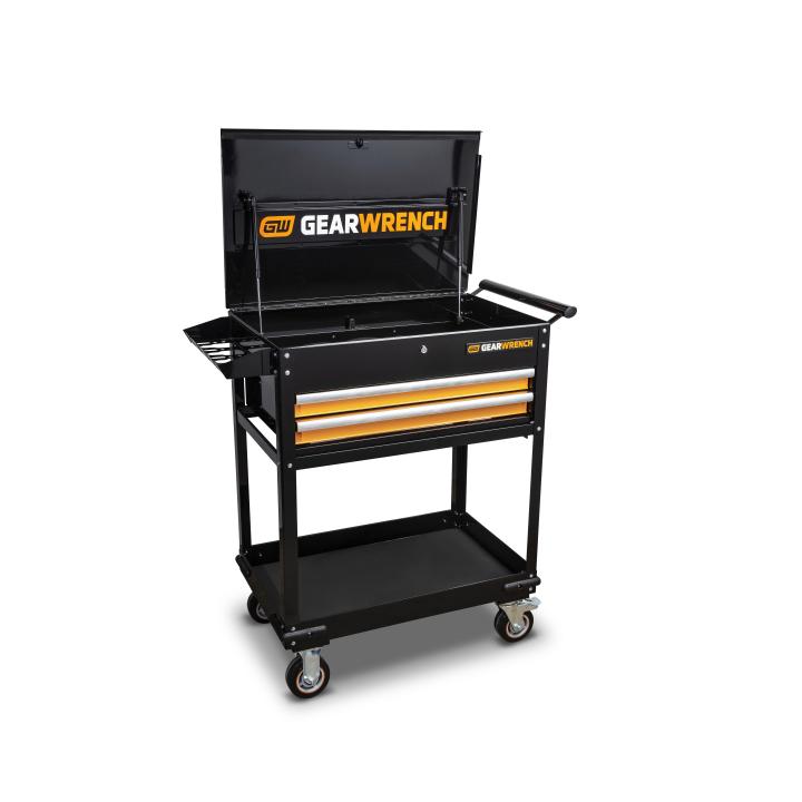 32-inch GearWrench utility cart with two drawers, top storage box, side tray, and caster wheels for mobility