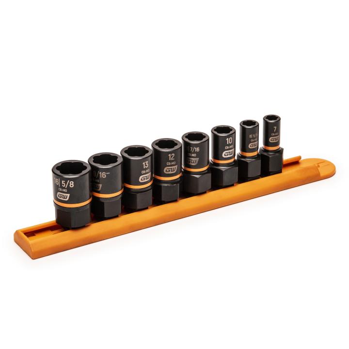 Set of 8 Gearwrench extraction sockets in 1/4 and 3/8 sizes with black finish on an orange organizer rail