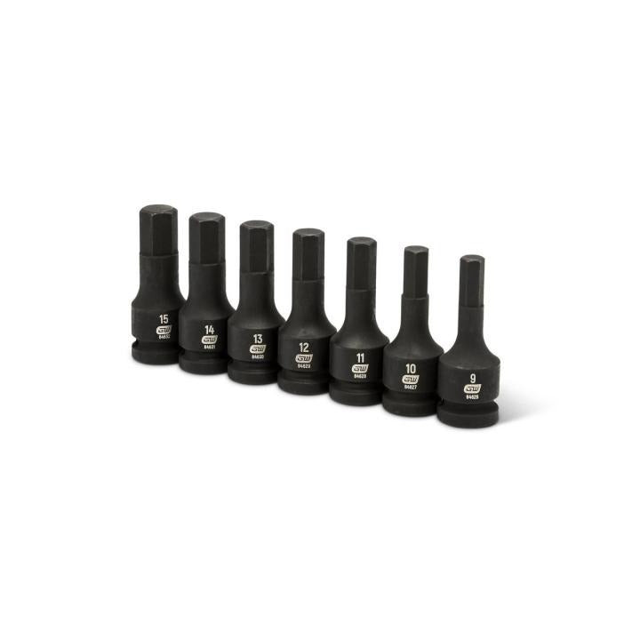 Set of seven metric hex impact sockets in black alloy steel, sizes 9 to 15 millimeters for impact wrench use