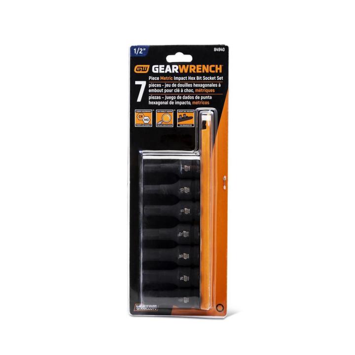 Set of 7 metric hex impact sockets for 1/2" drive, alloy steel construction, designed for professional impact wrench use