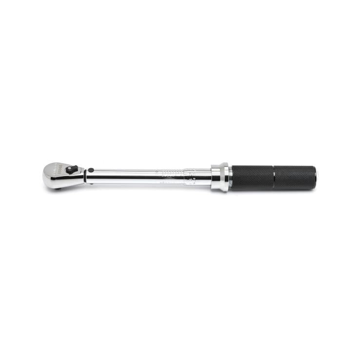1/4 inch torque wrench with micrometer adjustment, chrome finish, and textured black grip handle for precision tightening 30-200 in-lb
