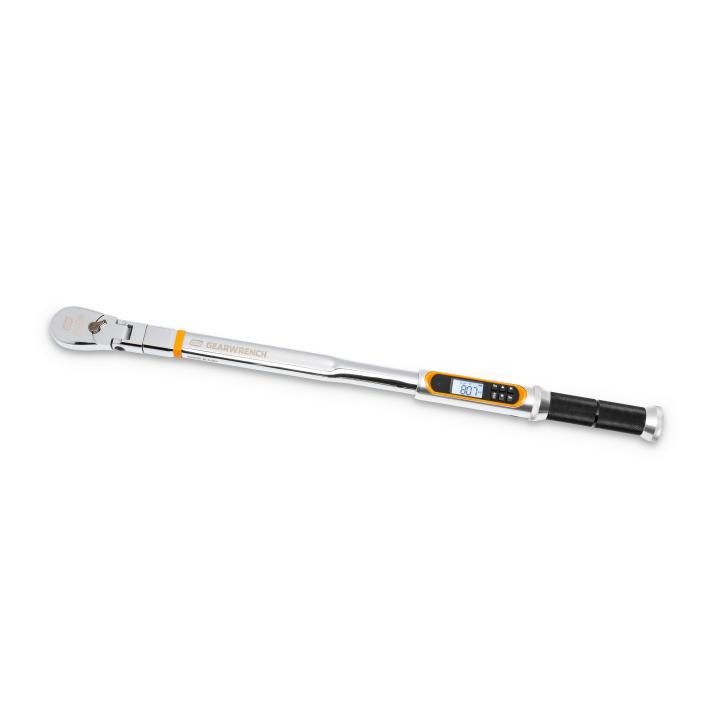 Electronic torque wrench with flexible head, digital display, 1/2" drive, and chrome finish for precise torque measurement
