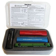 Hinge Doctor adjustment kit with red, blue, and green cylinders for commercial and residential hinge repair in gray plastic case