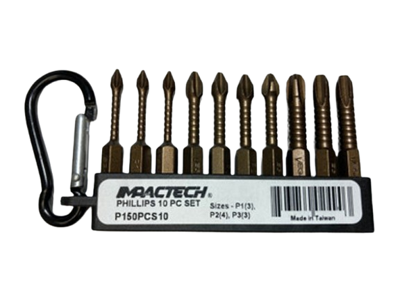 Set of 10 Impactech® Phillips screwdriver bits in various sizes with steel construction and storage carabiner clip