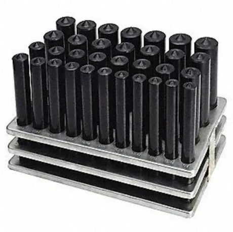 Set of transfer punches 1/2'' to 1'' with black hardened steel punches in a stacked metal holder for precision marking