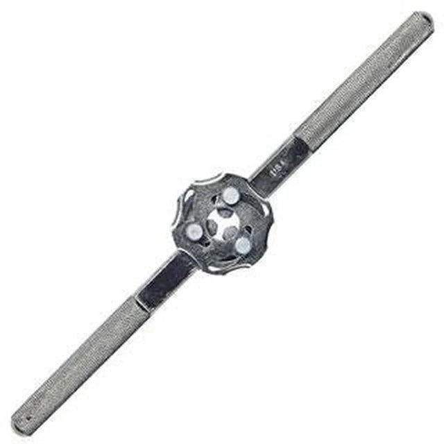 Hexagonal 1-inch tap wrench with knurled handles and adjustable jaw for precise threading alignment and control